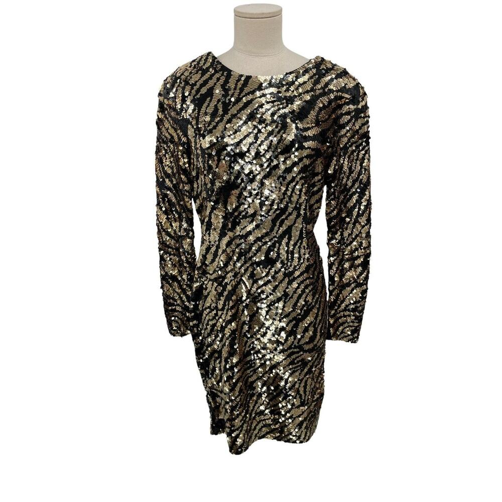 Vintage Lillie Rubin Cocktail Dress Gold Black Sequin Animal Print Size 12